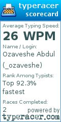 Scorecard for user _ozaveshe