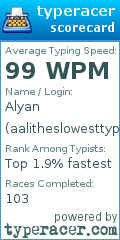 Scorecard for user aalitheslowesttypist