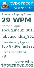 Scorecard for user abduqunduz_3011