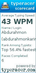 Scorecard for user abdurahmonkarimov