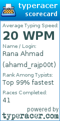 Scorecard for user ahamd_rajp00t