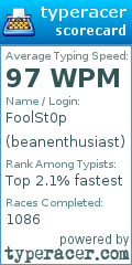 Scorecard for user beanenthusiast