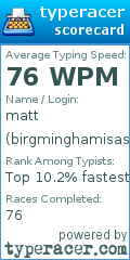 Scorecard for user birgminghamisashithole
