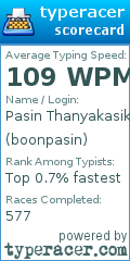 Scorecard for user boonpasin