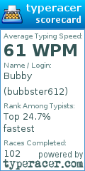 Scorecard for user bubbster612