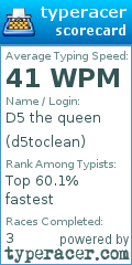 Scorecard for user d5toclean
