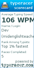 Scorecard for user midenglishteacher