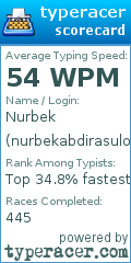 Scorecard for user nurbekabdirasulov