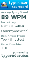 Scorecard for user sammyonswitch