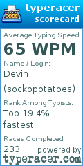 Scorecard for user sockopotatoes
