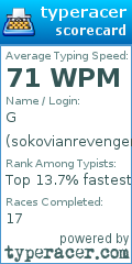 Scorecard for user sokovianrevenger