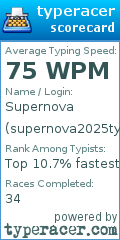 Scorecard for user supernova2025typeracer1