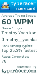 Scorecard for user timothy__yoonkang02
