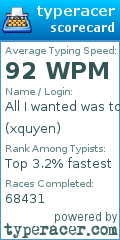 Scorecard for user xquyen