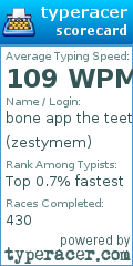 Scorecard for user zestymem